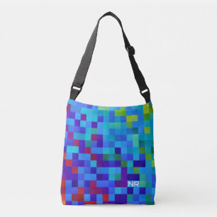 Koel 8-bits pixelpatroon geeks blauwe rode monogra crossbody tas