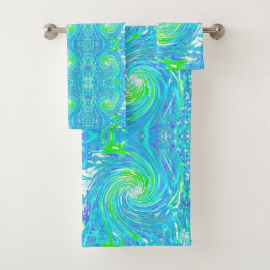 Koel Abstracte Retro Aqua en Lime Green Swirl Bad Handdoek (Insitu)