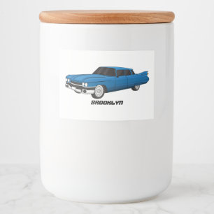 Koel blauw 1959 klassieke auto voedselcontainer etiket