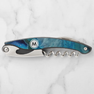 Koel Blauw Agat Patroon met Monogram Kurkentrekker