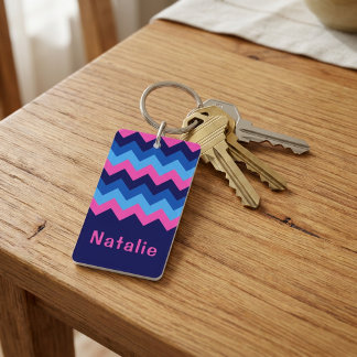 Koel Blauw Roze Chevron Monogram Rechte Hoekkettin Sleutelhanger