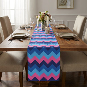 Koel Blauw Roze Chevron Patroon Grote Tafel Runner Lange Tafelloper