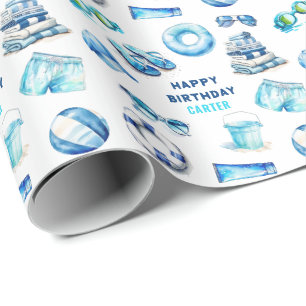 Koel blauwe zomer jongens verjaardag cadeaupapier