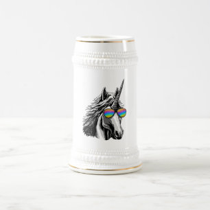 Koel eenhoorn met regenboogzonnebrillen bierpul