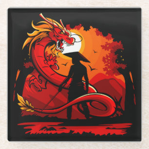 Koel en kleurrijke Samurai Warrior met draak Glazen Onderzetter