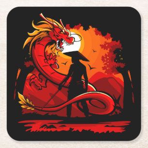 Koel en kleurrijke Samurai Warrior met draak Vierkante Kartonnen Onderzetter