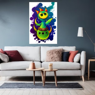 Koel groen geel buitenaards wezen   AI Art Poster
