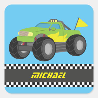 Koel groene monstertruck voor racejongens vierkante sticker