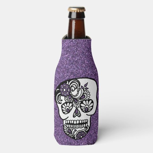 Koel halloween dag van de dode glitter Sugar Skull Flesjeskoeler (Fles Voorkant)