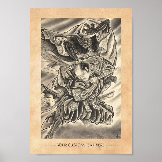 Koel japans demon samurai vecht tattoo poster (Voorkant)