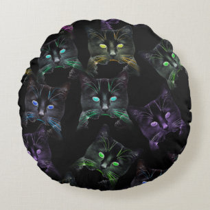 Koel Katten op zwart! Meerkleurige Funky Cats. Rond Kussen
