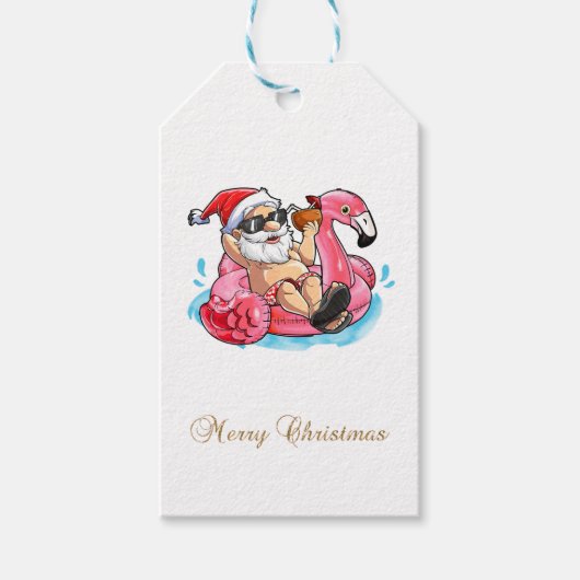 Koel kerstman, Roze flamingos, Beach Bokeh Cadeaulabel (Voorkant)