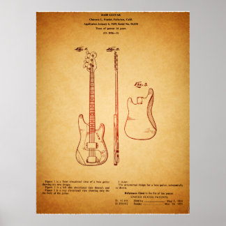 Koel  kijkend beroemd bass Guitar Patent Poster
