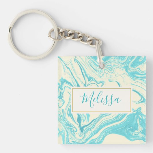 Koel marmer-ontwerp in Turquoise en Cream Custom Sleutelhanger (Voorkant)