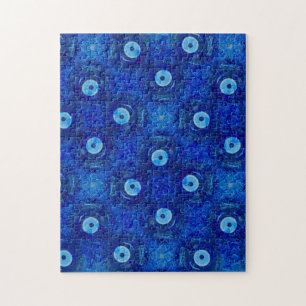 Koel, moderne digitale kunst van blauw boze oogpat legpuzzel