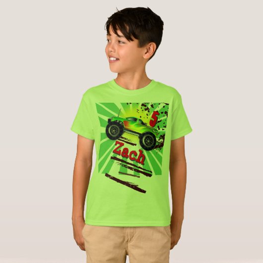 Koel Monster Truck met aangepaste naam en ouderdom T-shirt (Voorkant volledig)