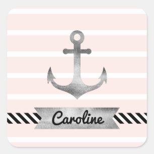 Koel-nautische roze stripes anker gepersonaliseerd vierkante sticker
