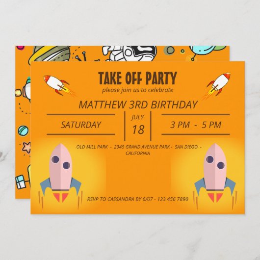 Koel Oranje ruimteschip start Birthday Party Kaart (Voorkant / Achterkant)