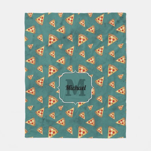 Koel pizza snijdt blauwgroen patroon Monogram Fleece Deken (Voorkant)