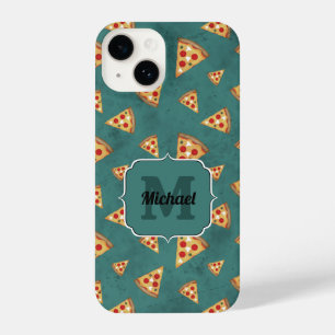 Koel pizza snijdt blauwgroen patroon Monogram iPhone 14 Hoesje