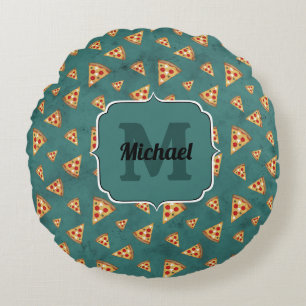 Koel pizza snijdt  blauwgroen patroon Monogram Rond Kussen