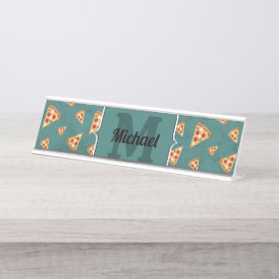 Koel pizza snijdt vintage teal patroon Monogram Bureau Naambordje