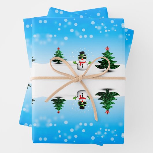 Koel plezier Snowman Sparkly-kerstbomen blauw Inpakpapier Vel (In situ)