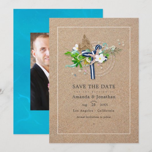 Koel strand bruiloft foto save the date (Voorkant / Achterkant)