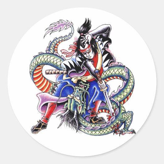 Koel tattoo van Samurai Fight Dragon Ronde Sticker (Voorkant)