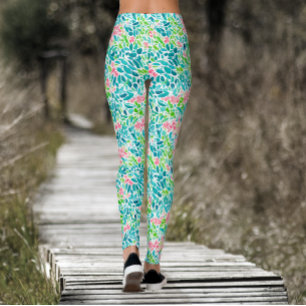 Koel Teal Bloemrijk Botanisch Waterverf Patroon Leggings