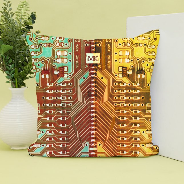 Koel Teal Geel Uniek Retro Steampunk Monogram Kussen (Creator heeft geüpload)