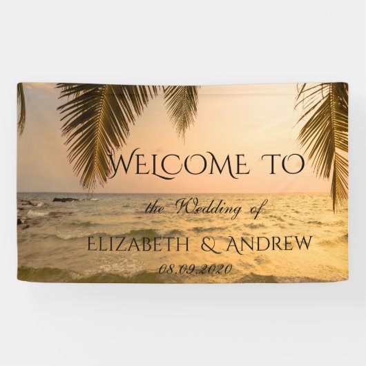 Koel tropisch strand, palm Sunset Wedding Banner (Horizontaal)