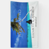 Koel tropisch strand, palmbruiloft spandoek (Verticaal)