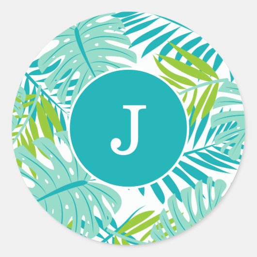 Koel Tropische Bladeren Monogrammen Ronde Sticker (Voorkant)