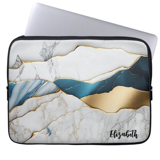 Koel wit turquoise marmeren steen goud laptop sleeve (Voorkant)