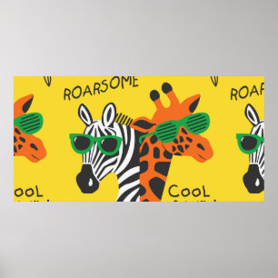 Koel zebra en giraffe met een gele bril poster