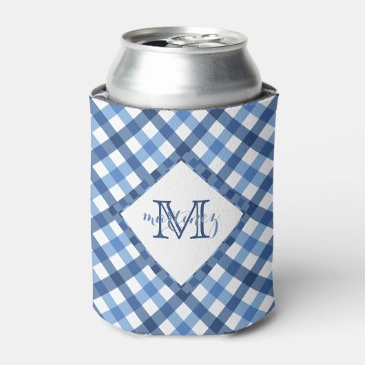 Koelbox van de diamantmonogram van Blue gingham Blikjeskoeler (Blikje Voorkant)