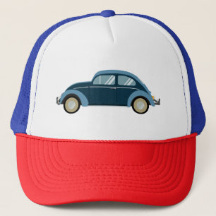 Koele blauwe retro auto met scuffs trucker pet