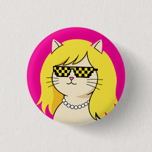 Koele blonde kat met pixel deal with it zonnebril ronde button 3,2 cm