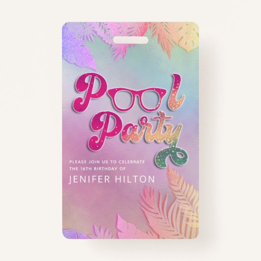 Koele holografische tropische bladeren script pool badge (Voorkant)