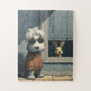 Koele hond en nieuwsgierige Bunny Jigsaw Puzzel