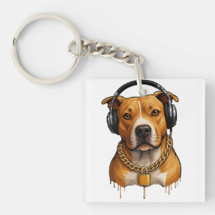 Koele hond met hoofdtelefoon en gouden ketting - U Sleutelhanger