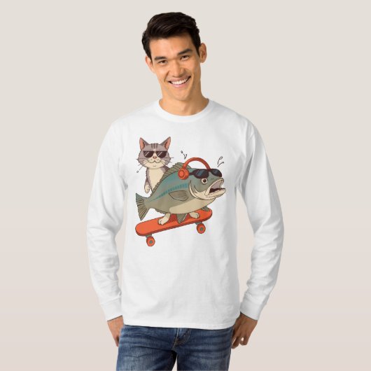 Koele kat en karper op skateboard t-shirt (Voorkant volledig)