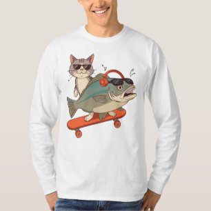 Koele kat en karper op skateboard t-shirt