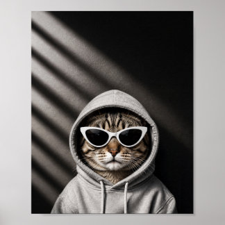 Koele Kat in Hoodie en Witte Zonnebril Poster