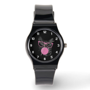 Koele kat met roze bril en bubbelkauwgom horloge