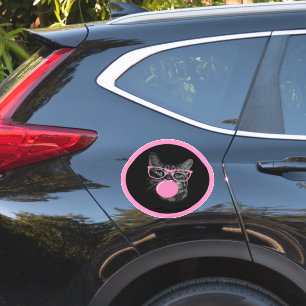 Koele kat met roze bril en bubbelkauwgom sticker