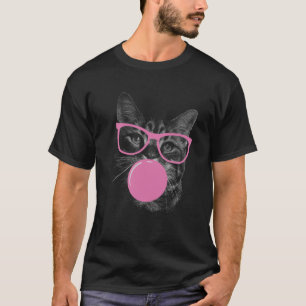 Koele kat met roze bril en bubbelkauwgom t-shirt