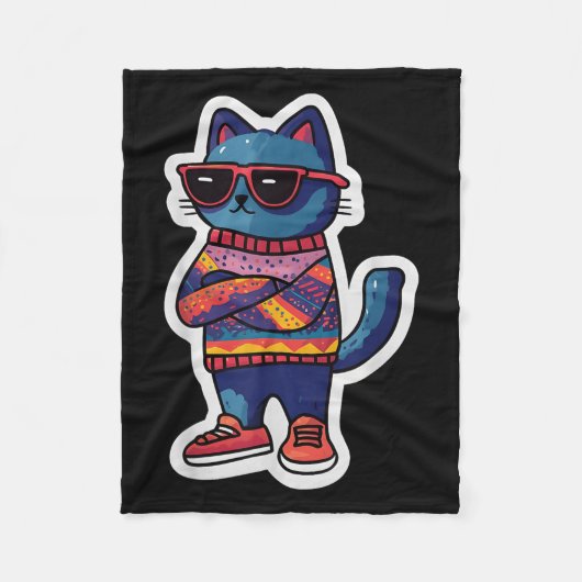 Koele kat met zonnebril Retro stijl Grappig Dier Fleece Deken (Voorkant)