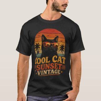 Koele Kat Zonsondergang Vintage Retro Kat Ontwerp T-shirt
